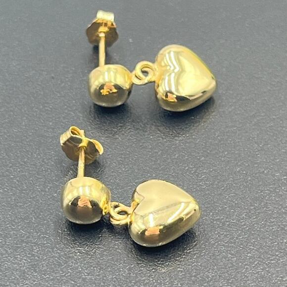 CJT 14k Marked 3D Puff Heart Drop Dangle Pierced Polished Yellow Gold Earrings - Picture 1 of 12